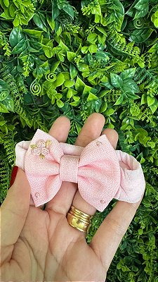 Tiara com laço tecido linho e bordado manual rosa
