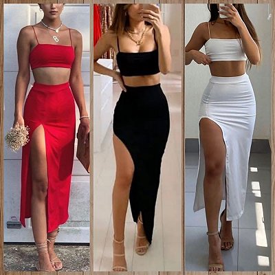 Conjunto cropped faixa com alcinha e bojo + saia midi com fenda lateral