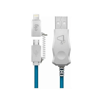 Cabo Micro USB Iluminado Elg, com Adaptador Iphone Lightning, 2.1A, 1 metro, LED Azul - LED8510BE