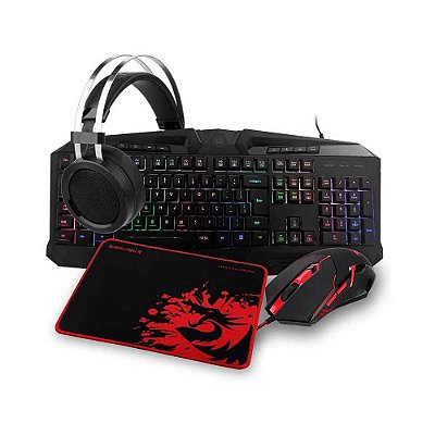 Kit Gamer Redragon Essentials, Teclado Harpe RGB, Mouse Centrophorus, Headset Scylla e  Mousepad Archeloon - S112