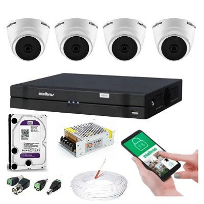 Kit de Câmeras Intelbras, 4 Câmeras VHD 3120 D G6 720p + DVR MHDX 1204 + 1TB HD WD Purple + Acessórios