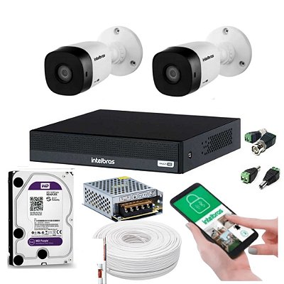 Kit de Câmeras Intelbras, 2 Câmeras VHL 1120 B 720p + DVR MHDX 1204 + 1TB HD WD Purple + Acessórios
