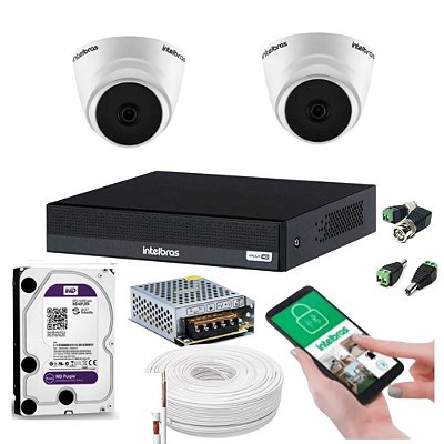 Kit de Câmeras Intelbras, 2 Câmeras VHD 3120 D G6 720p + DVR MHDX 1204 + 1TB HD WD Purple + Acessórios