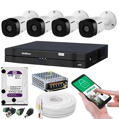 Kit de Câmeras Intelbras, 4 Câmeras VHC 1120 B 720p + DVR MHDX 1104 + 1TB HD WD Purple + Acessórios