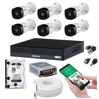 Kit de Câmeras Intelbras, 6 Câmeras VHC 1120 B 1080p + DVR MHDX 1008 C + 1TB HD WD Purple + Acessórios