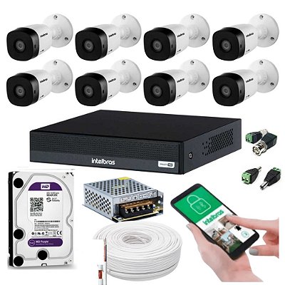 Kit de Câmeras Intelbras, 8 Câmeras VHC 1120 B 1080p + DVR MHDX 1008 C + 1TB HD WD Purple + Acessórios