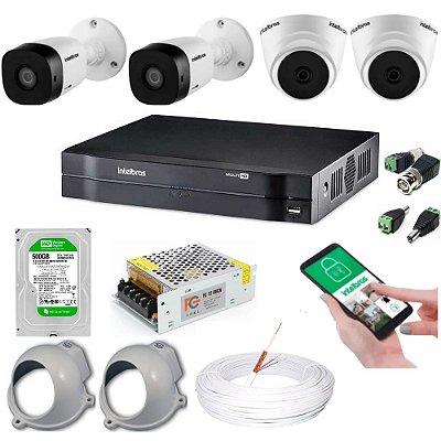 Kit de Câmeras Intelbras, 2 Câmeras VHC 1120 B + 2 VHC 1120 D + Protetores + DVR MHDX 1104 + 500GB HD Green + Acessórios