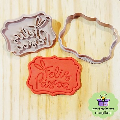 Cortador de biscoito e Carimbo Feliz Páscoa para Culinária ou Artesanato