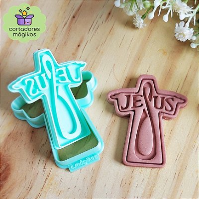 Cortador + Carimbo marcador Páscoa Cruz com texto Jesus para Culinária ou Artesanato