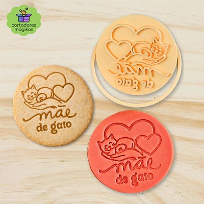 Carimbo + Cortador Dia das Mães texto "MÃE de Gato" para biscoitos ou artesanato com puxador