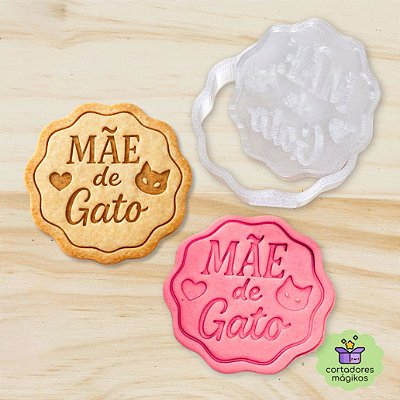 Carimbo + Cortador Dia das Mães texto "MÃE de gato" para biscoitos ou artesanato com puxador