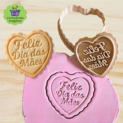 Carimbo + Cortador Feliz Dia das Mães coração rendado para biscoitos ou artesanato
