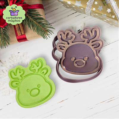 Cortador e Carimbo para biscoitos Rena Fofinha de Natal - com puxador incluso e bordas finas
