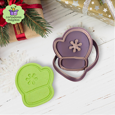 Cortador e Carimbo para biscoitos luva de Natal - com puxador incluso e bordas finas
