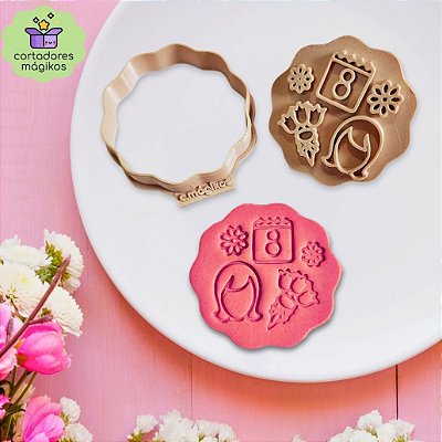 Cortador de biscoitos para o Dia da Mulher 8 de Março flor, calendário - com puxador reforçado