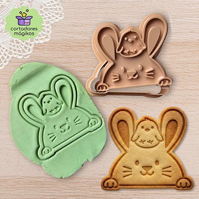 Carimbo e Cortador de Páscoa Coelho com Pintinho para artesanato ou biscoitos culinária