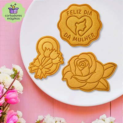 Kit 3 Cortadores e Carimbos Dia da Mulher para Biscoitos ou Artesanato