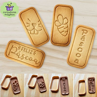 Kit com 4 cortadores e carimbos Páscoa Coelho Cenoura Feliz Páscoa para biscoitos ou artesanato