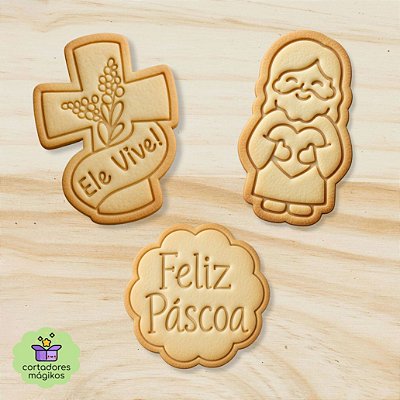 Kit com 3 cortadores e carimbos Páscoa Coelho Cenoura Feliz Páscoa para biscoitos ou artesanato