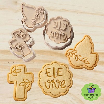 Kit 3 Cortadores + Carimbos Páscoa Cristã Cruz Pomba Frase Ele Vive