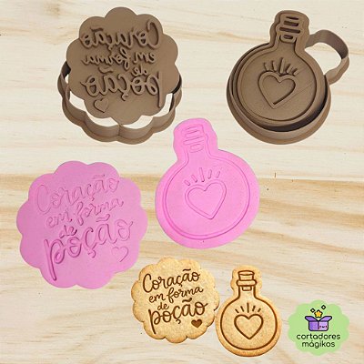 Kit 2 Carimbos e Cortadores dia Dos Namorados Poção Amor Biscoitos Ceramica Moldes