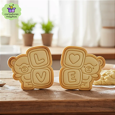 Kit 2 Carimbos e Cortadores dia Dos Namorados Ursinhos Amor Biscoitos Ceramica Moldes