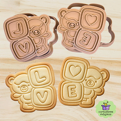 Kit 2 Carimbos e Cortadores dia Dos Namorados Ursinhos Amor Biscoitos Ceramica Moldes