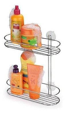 Suporte Prateleira Dupla Cromada Porta Shampoo Com Ventosas
