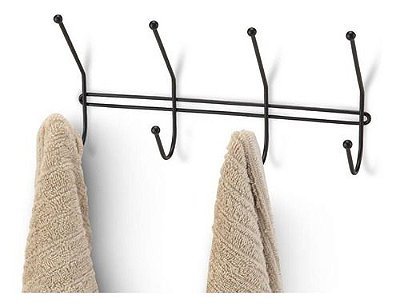 Suporte De Porta Com 4 Ganchos Duplo Preto Roupas Toalha Banheiro
