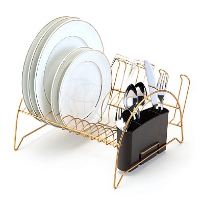 Escorredor Fan Com Porta Copos E Talheres Para 11 Pratos Dourado Arthi