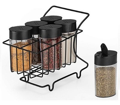Carrinho Com 6 Potes Para Temperos Condimentos Com Tampa Preto
