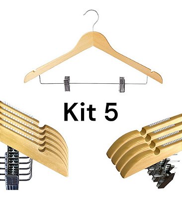 Kit 5 Cabides De Madeira Marfim Natural Com Silicone Antideslizante E Presilhas Metal 44cm