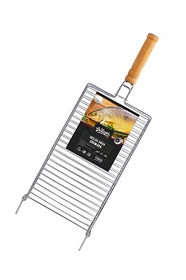 Grelha Dupla Para Churrasqueira Para Assar Peixes Com Cabo De Madeira 71,5x25 CM