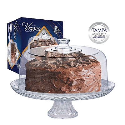 Prato Boleira De Vidro Com Pé Tampa Acrílica Verona Gourmet