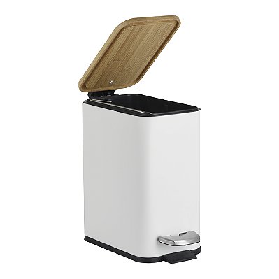 Lixo Slim Para Banheiro Lixeira Com Pedal 5 Litros Fechamento Sutil Tampa Em Bambu