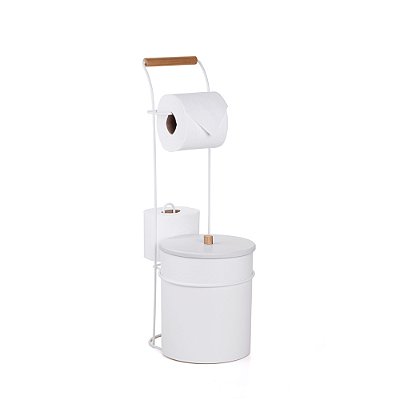 Lixeira Com Porta Rolos Papel Higiênico 5 Litros Com Madeira Branco