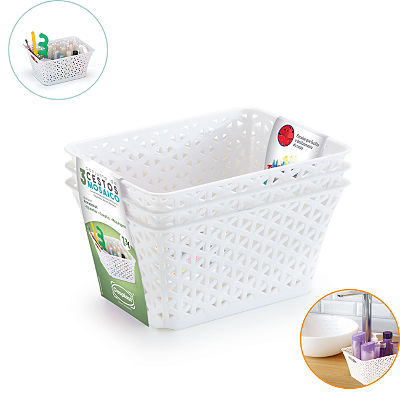 Kit 3 Cestos Organizador Armário Gaveta Cozinha Lavanderia Branco