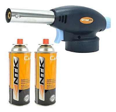 Kit Maçarico Culinário + 2 Refil  De Gás Butano Solda Regulagem Gt6019