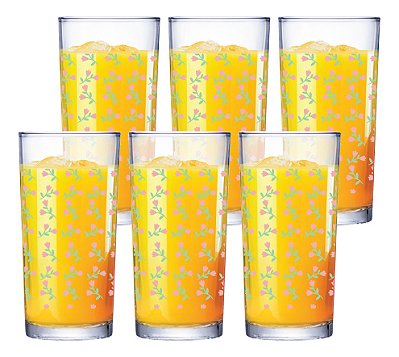 kit Jogo De 6 Copos Long Drink Multiuso Flores 255ml Suco Agua