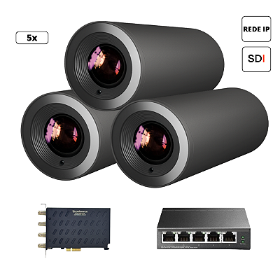 Kit Podcast 4k - 3 Câmeras 4K 5X Bloco + 1 Switch Poe 5 portas + 1 Placa de Captura 4SDI-PLUS