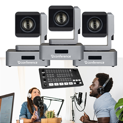 Studio Trio Live — Kit 3 câmeras PTZ 20x PRO para podcast com switcher de video 4X HDMI | RTMP PTZ SW1 CONFERENCE