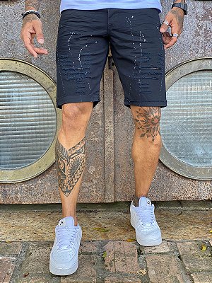 Bermuda Masculina Preta com Pingos de Tinta Sarja Alleppo Jeans Leon