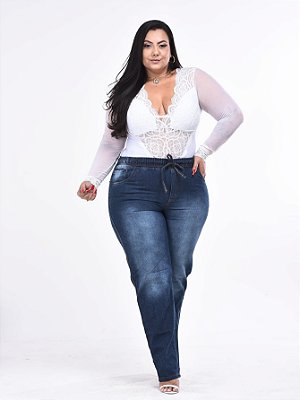 Calça Feminina Jeans Plus Size Elástico na Cintura Allepo Jeans Alicia