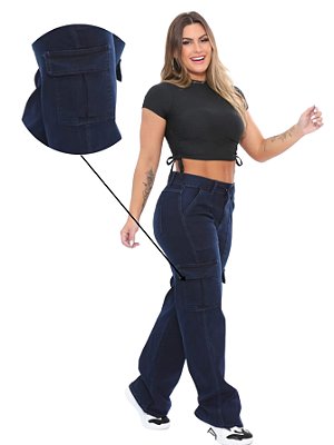 Calça feminina Alleppo Jeans Wid Leg Cargo Azul Marinho Lírio