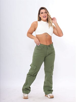 Calça Cargo Feminina Alleppo Jeans Verde Clara Luana