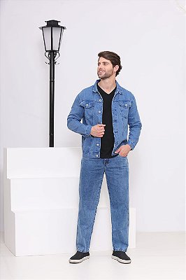 Conjunto Masculino Calça Tradicional Jeans e Jaqueta Masculina Jeans Azul Claro Alleppo Jeans