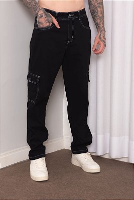 Calça Masculina Sarja Cargo Preta com Custura Branca Alleppo Jeans