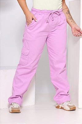 Calça Skatista Rosa e Roxo Sarja Feminina Elastico Na Cintura 2 Cores Alleppo Jeans