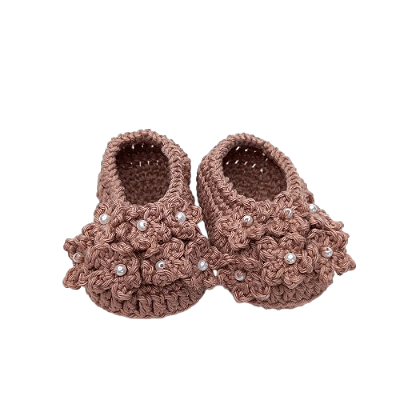 Sapatilha Florzinhas - Cor Castanho - Tamanho P - calça de 0 a 4 meses aproximadamente