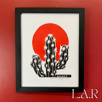 Xilogravura Cacto e Sol Vermelho 33 x 24 cm